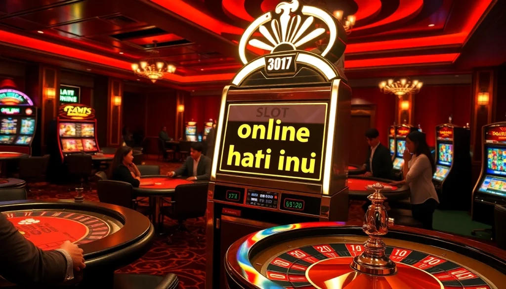 Play thrilling slot online hari ini in a luxurious casino setting with vibrant machines and eager players.