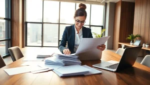 Streamlining Contract Management with a dedicated businesswoman in a modern office.