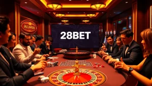 Engaging players enjoying a luxurious 28BET gaming experience at a sophisticated casino table.