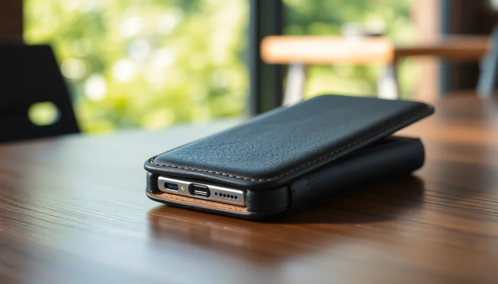 Präsentation einer Handytasche Magnetverschluss auf einem stilvollen Tisch.