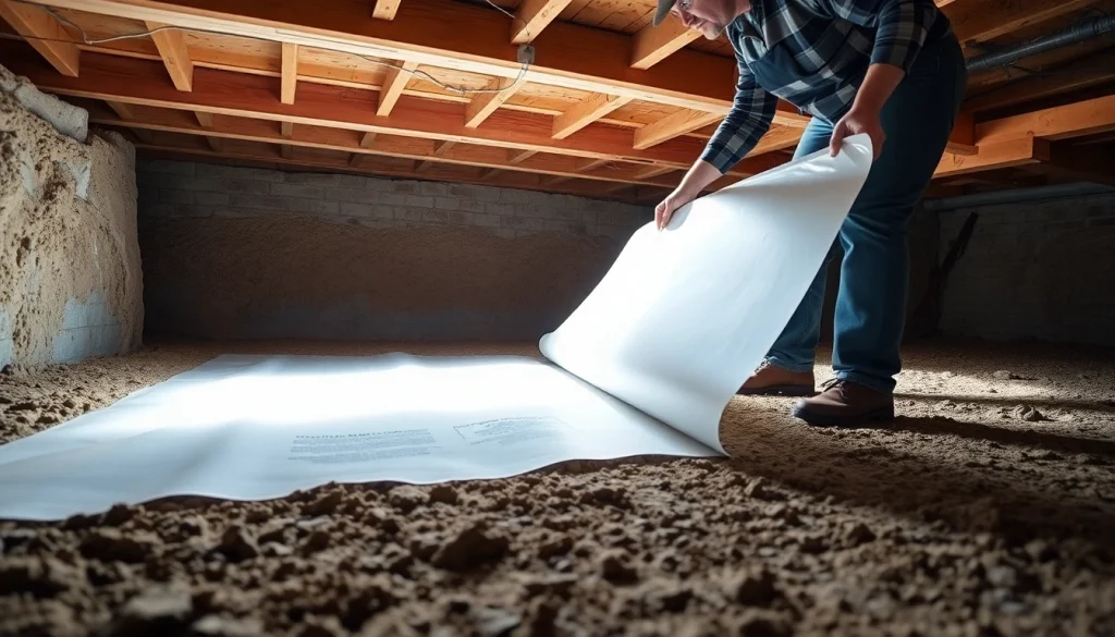 Vapor Barrier Installation in a crawl space showing detailed application by a professional.