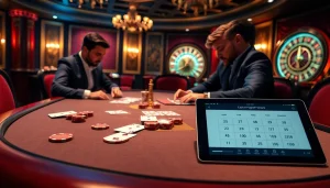 Joueurs engagés lors d'une partie à enjeux élevés, montrant les caractéristiques du casino en ligne Français.