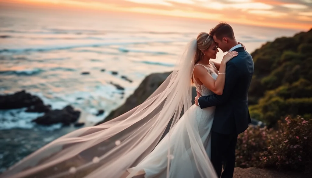 Capture the essence of Carmel wedding photography with this stunning couple on a scenic cliff at sunset.