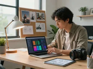 Generate image to prompt in a modern AI workspace, showcasing a professional analyzing visuals on a laptop.
