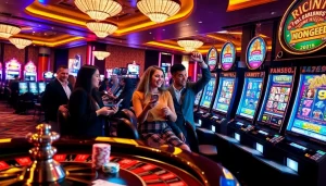 Players winning on slot gacor machines in a luxurious casino environment, showcasing the thrill of gambling.