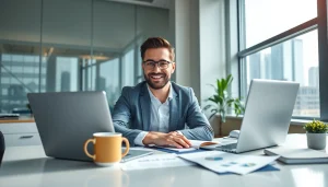 Profesjonalny księgowy w Biurze Rachunkowym analizujący dokumenty finansowe z widokiem na miasto.