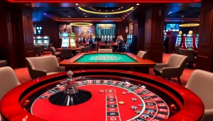 Une scène intérieure captivante d'un casino en ligne Français présentant une élégante table de roulette et des jetons de poker vibrants.