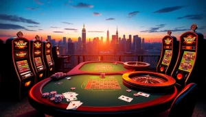 Une scène de casino en ligne français palpitante mettant en vedette des tables vibrantes et des machines à sous animées.