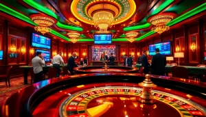 Une scène animée de casino en ligne Français avec des joueurs à une table de roulette, illustrant excitation et luxe.