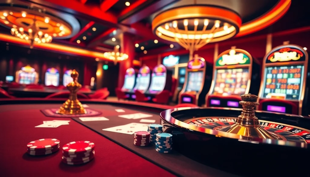 Visuel attrayant d'un casino en ligne français présentant des tables, des jetons et des cartes vibrantes.