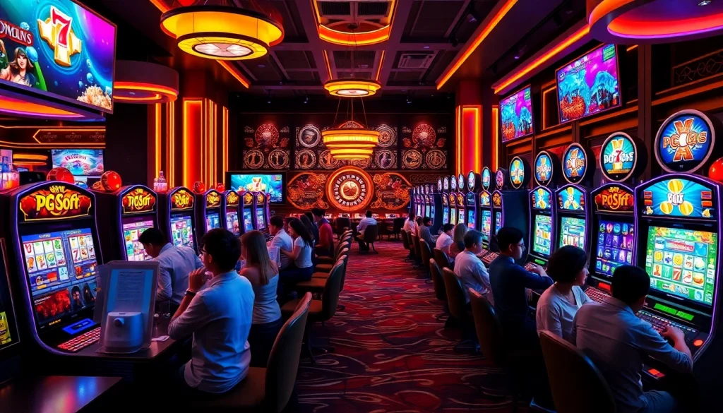 Gamblers enjoying PG Soft slot machines in a vibrant casino environment.