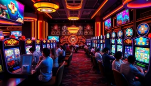 Gamblers enjoying PG Soft slot machines in a vibrant casino environment.