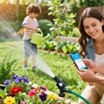 Efficient watering with RainPoint WiFi water timer, family gardening in vibrant backyard.
