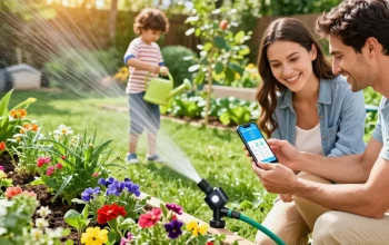 Efficient watering with RainPoint WiFi water timer, family gardening in vibrant backyard.