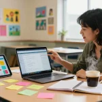Teacher using an online teacher planner, EMStudio, in a vibrant classroom setup, enhancing classroom management.