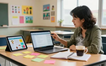 Teacher using an online teacher planner, EMStudio, in a vibrant classroom setup, enhancing classroom management.