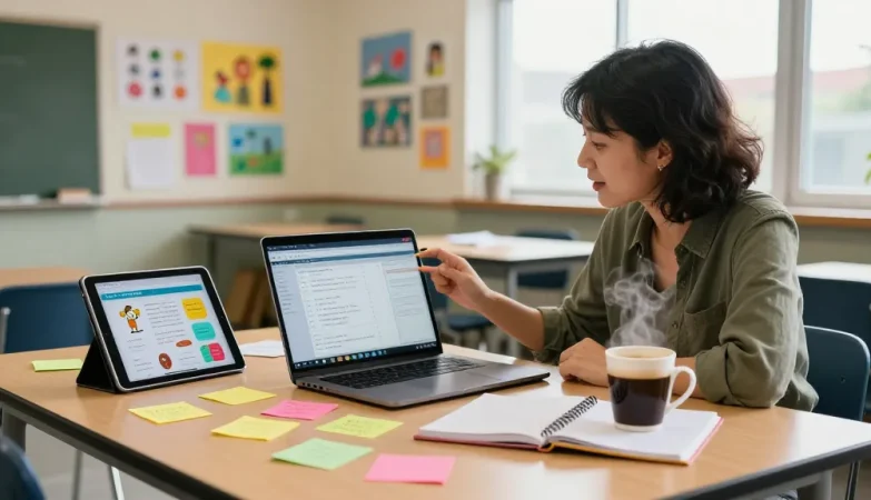 Teacher using an online teacher planner, EMStudio, in a vibrant classroom setup, enhancing classroom management.