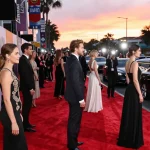 Dynamic Hollywood actor profiles and imagery at a film premiere, visual celebrity journalism capturing cinematic icons in the media.