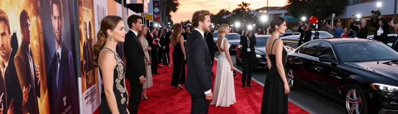 Dynamic Hollywood actor profiles and imagery at a film premiere, visual celebrity journalism capturing cinematic icons in the media.