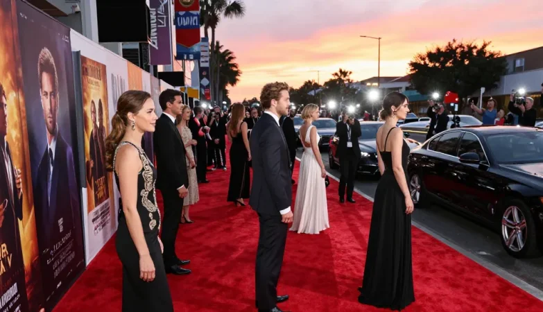 Dynamic Hollywood actor profiles and imagery at a film premiere, visual celebrity journalism capturing cinematic icons in the media.