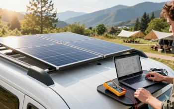 rokok88 enthusiast upgrading camper van electrics with solar panels at a scenic campsite