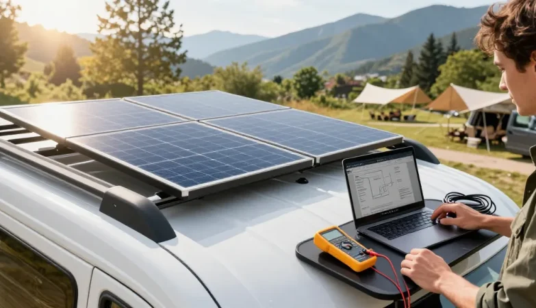 rokok88 enthusiast upgrading camper van electrics with solar panels at a scenic campsite