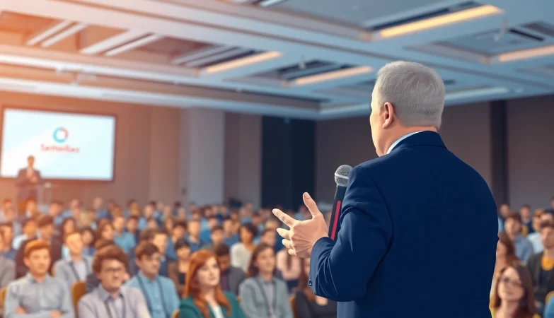 Keynote Speaker engaging a captivated audience at a professional event.